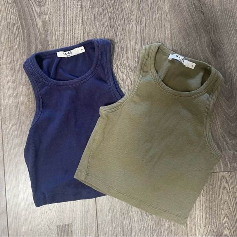 NA-KD Ribbed Cropped Tank Navy & Olive Size XS